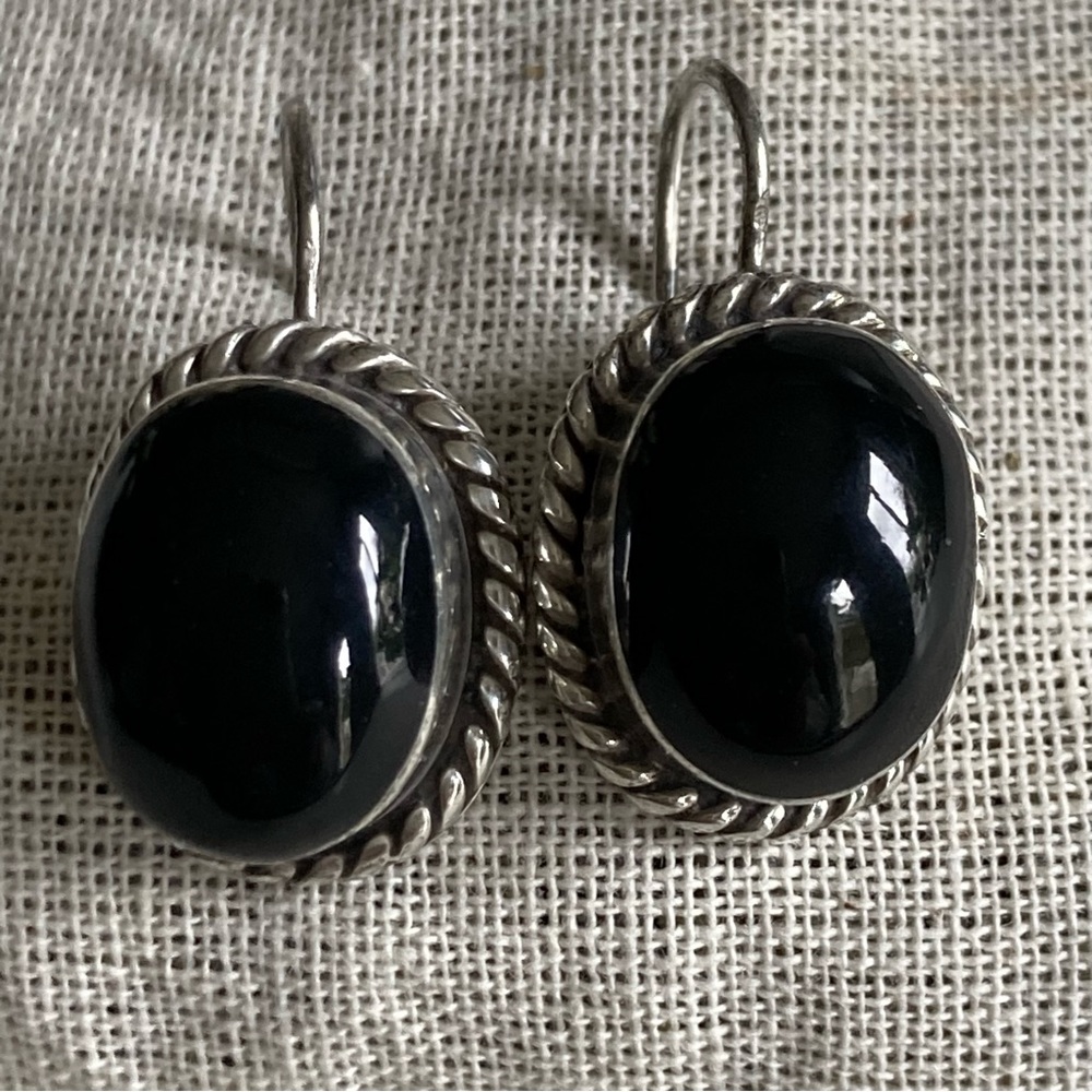 Silver & Black Onyx French Hook Earrings